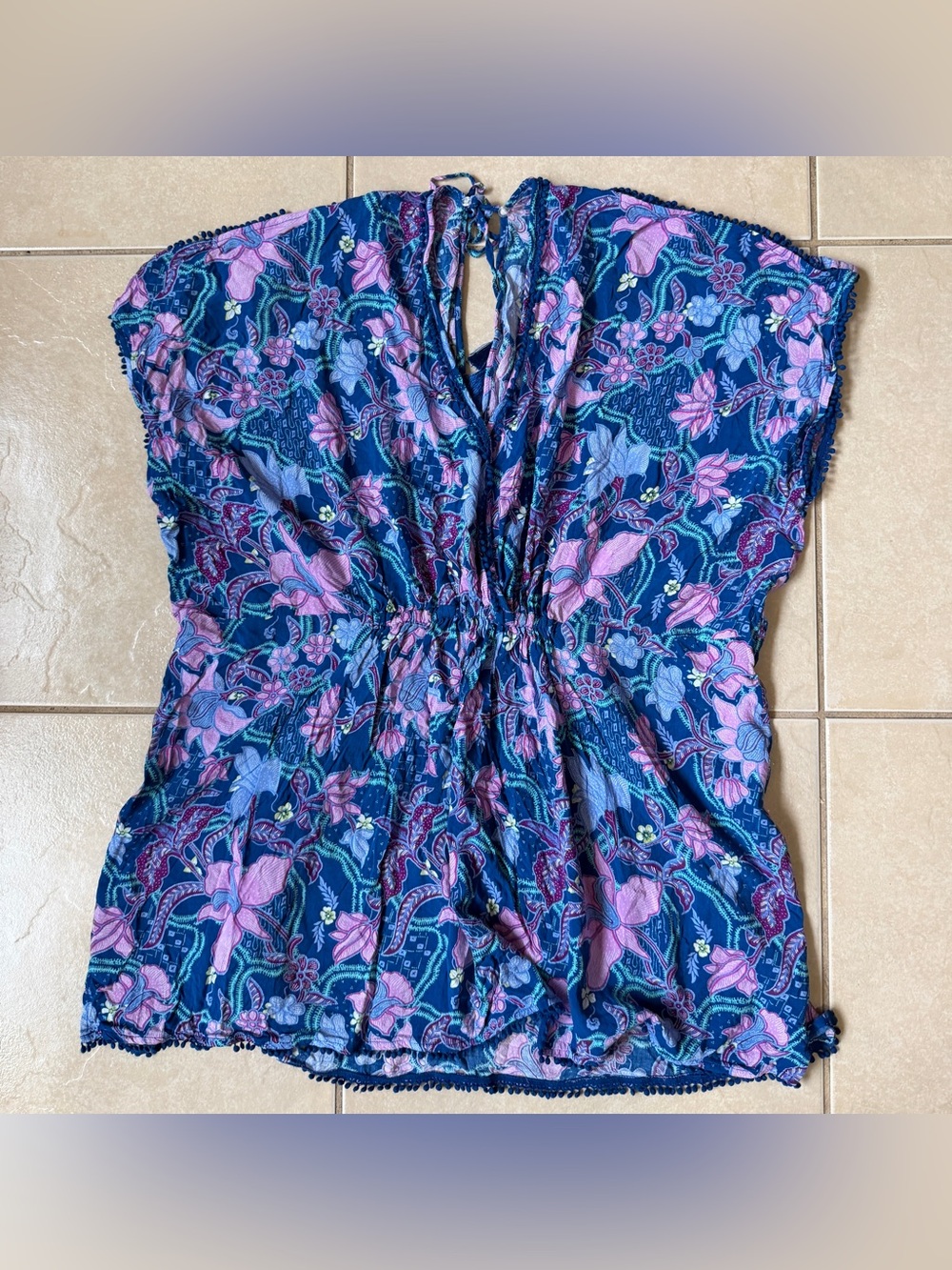 Victoria's Secret S/P Blue Floral Viscose V Neck Kaftan Cover Up Top